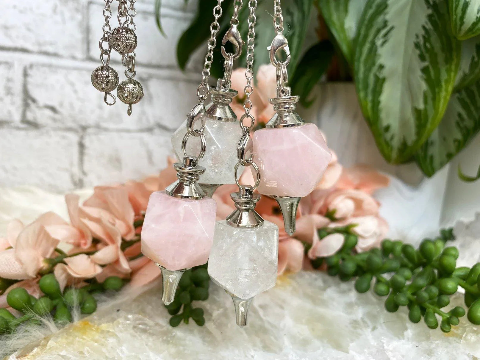 Geometric Rose and Clear Quartz Pendulums