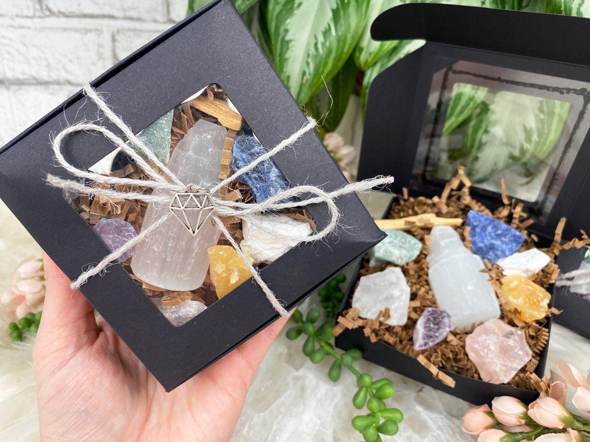 Selenite Tower & Raw Crystals Gift Set