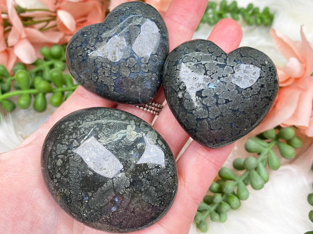 Marcasite in Quartz Hearts Palm Stone