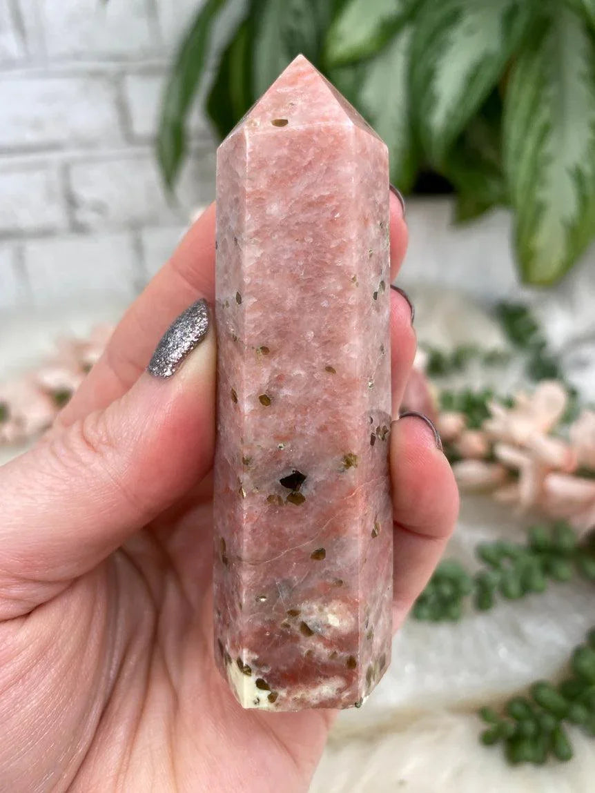 salmon-pink-calcite-point-with-serpentine