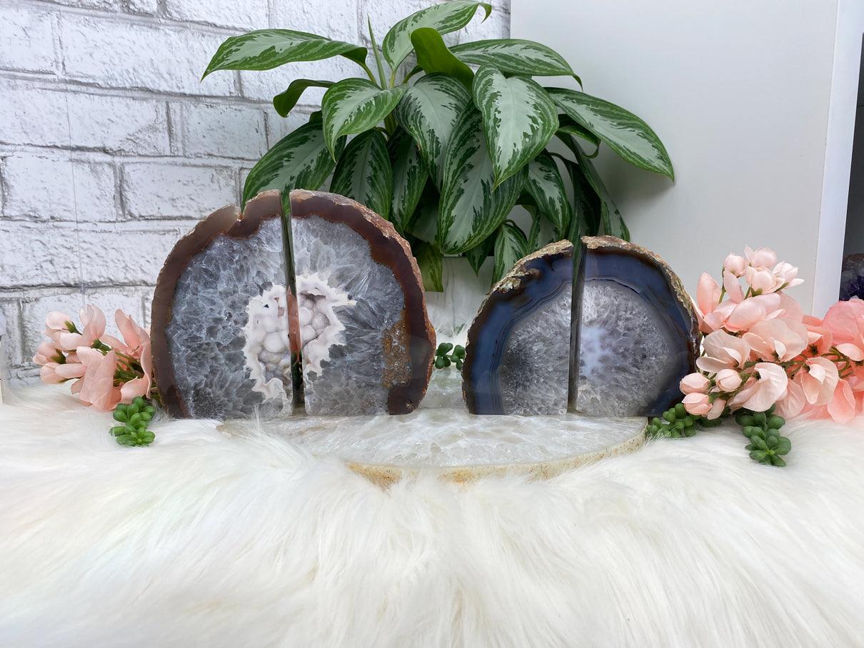 Agate Bookends, Bookends, outlet Stone ,Rock Bookends, Natural Art,Bookshelf Decor,Geode bookends,crystal, Gray Agate , Holiday Gift,crystal