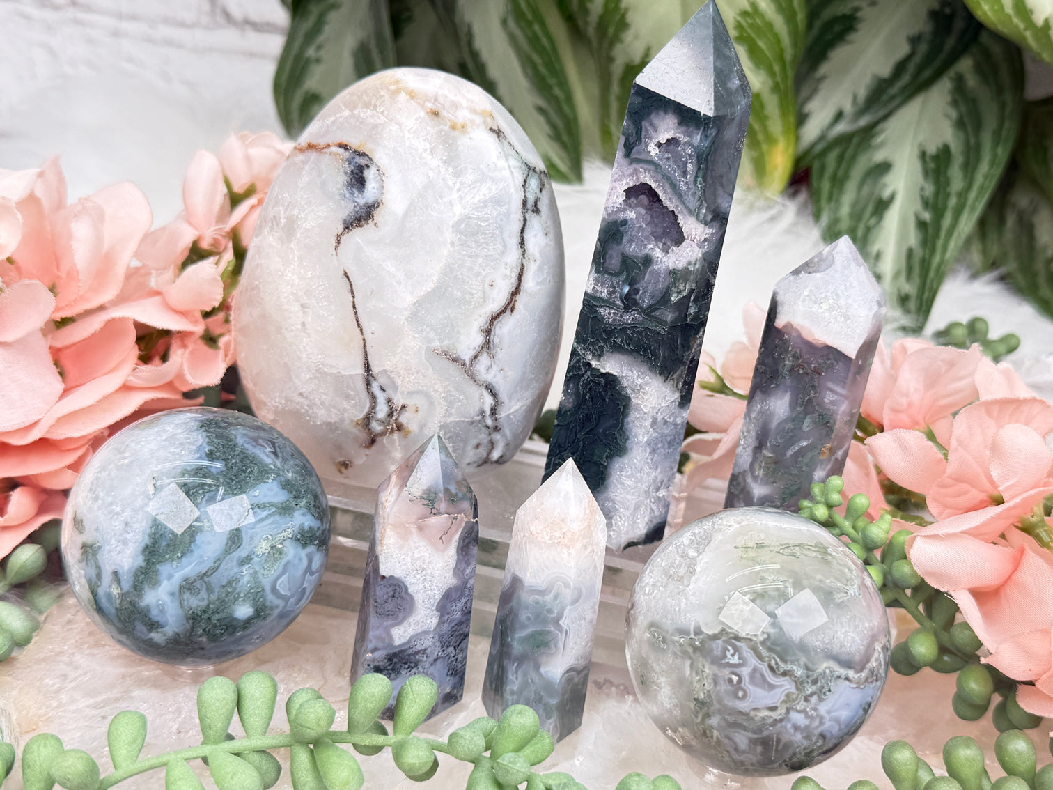 Carved Moss Agate - Green & White Agate Stones – Contempo Crystals