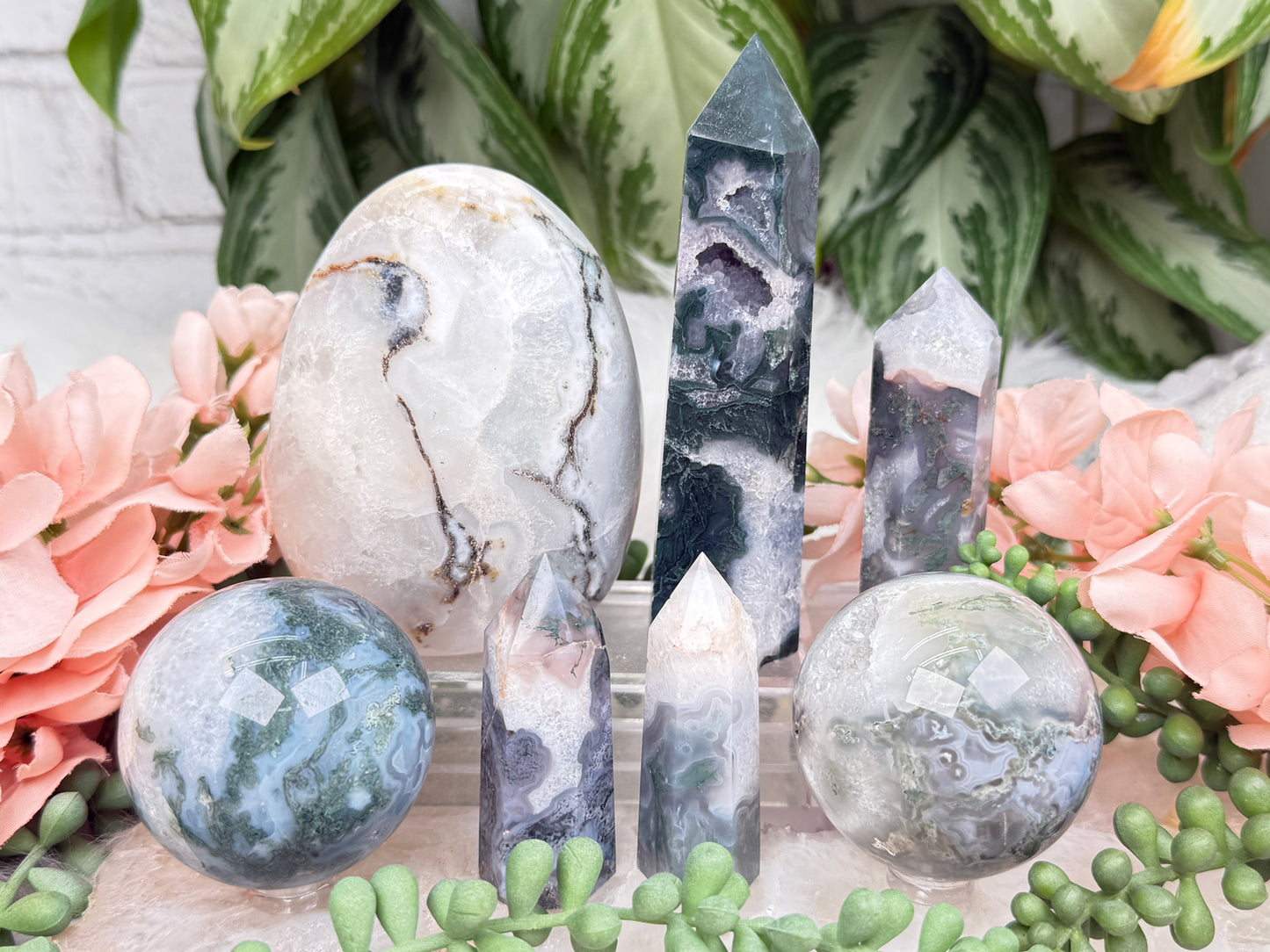 Moss Agate Spheres, Points & More