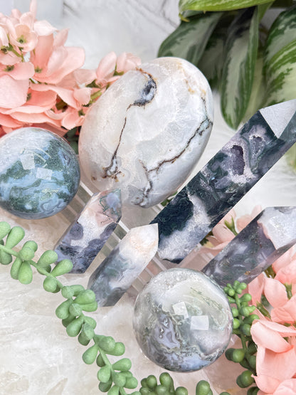 Moss Agate Spheres, Points & More