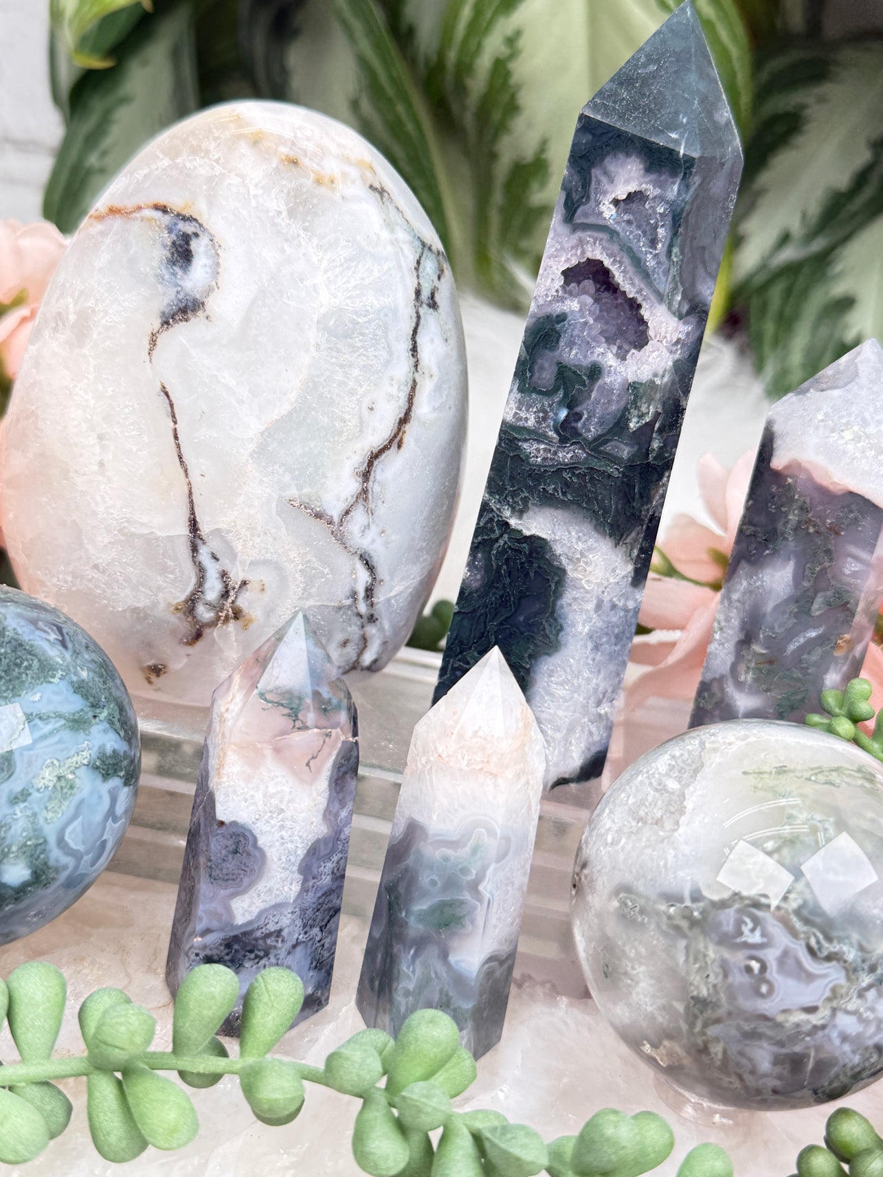 Moss Agate Spheres, Points & More