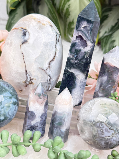Moss Agate Spheres, Points & More