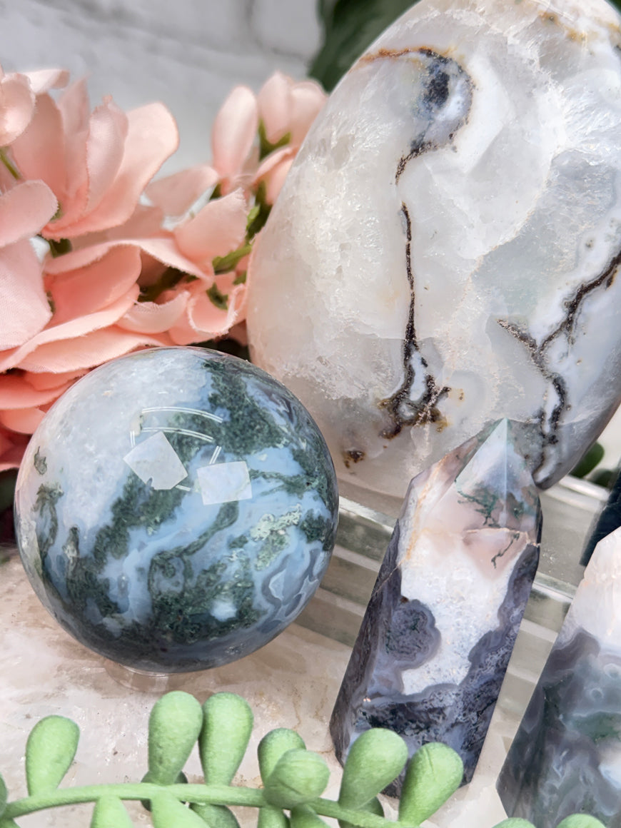 Moss Agate Spheres, Points & More