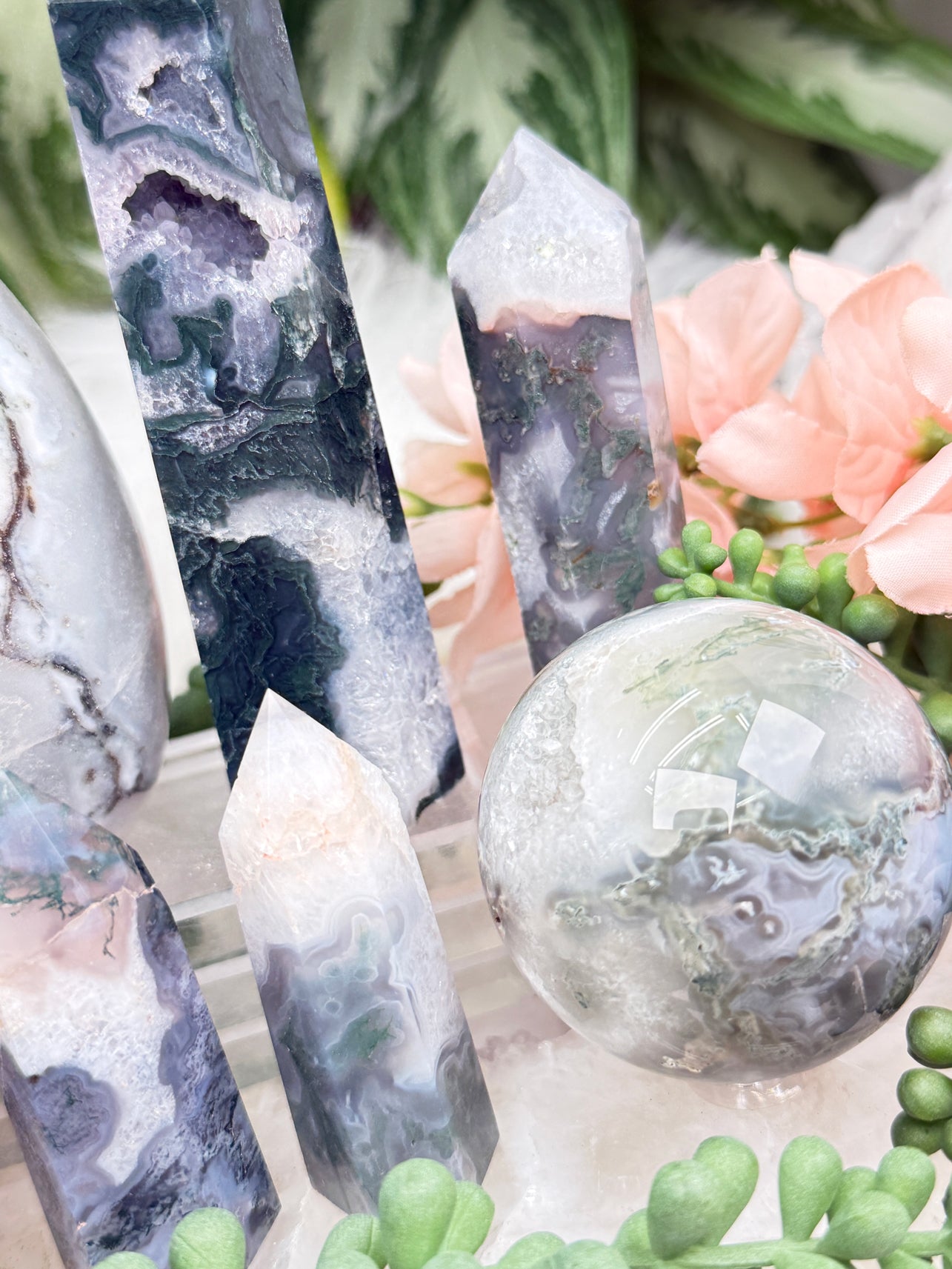 Moss Agate Spheres, Points & More