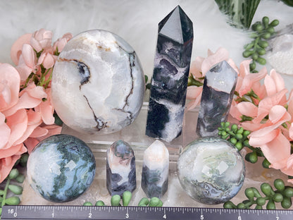 Moss Agate Spheres, Points & More