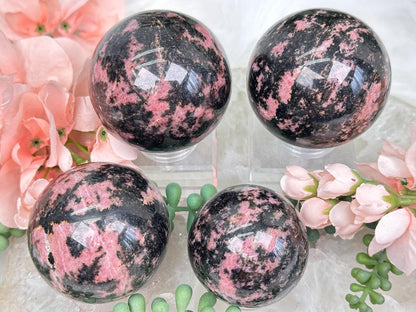 black-pink-rhodonite-spheres