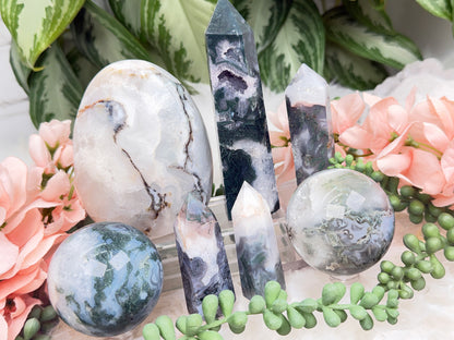 Moss Agate Spheres, Points & More