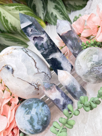Moss Agate Spheres, Points & More