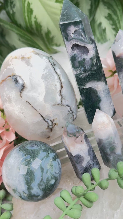 Moss Agate Spheres, Points & More