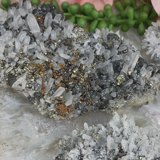 LArge-Peruvian-Quartz-Crystals-with-Orpiment-Sphalerite-Pyrite-Video