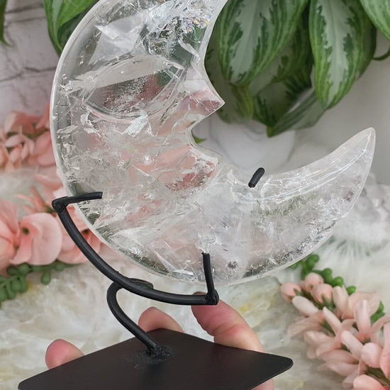 Clear-Quartz-Crystal-Moon-Carving-on-Metal-Stand-Video