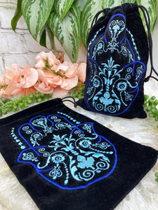 Contempo Crystals -    Black-Drawstring-Velvet-Bag-with-Fatima-Hand-Embroidery - Image 2