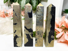 Load image into Gallery: Contempo Crystals - Black-Gold-Pyrite-Obelisk-Crystal-Points - Image 1