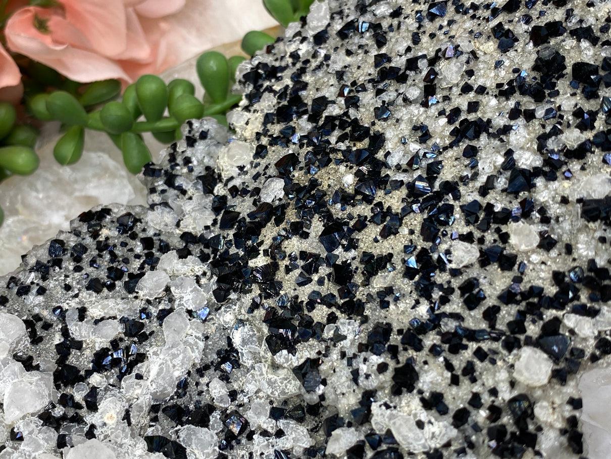 Black-Ilvaite-Crystal-on-Gray-Quartz-Cluster-from-Russia-for-sale