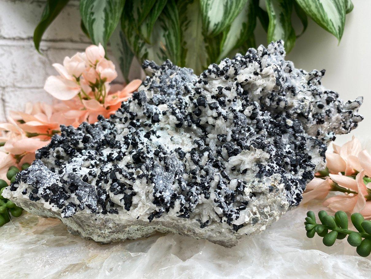 Black-Ilvaite-on-Quartz-Crystal-Cluster-from-Dalnegorsk-for-sale