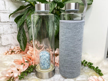 Load image into Gallery: Contempo Crystals - Blue-Aquamarine-Crystal-Chip-Glass-Water-Bottle-With-Sleeve - Image 3