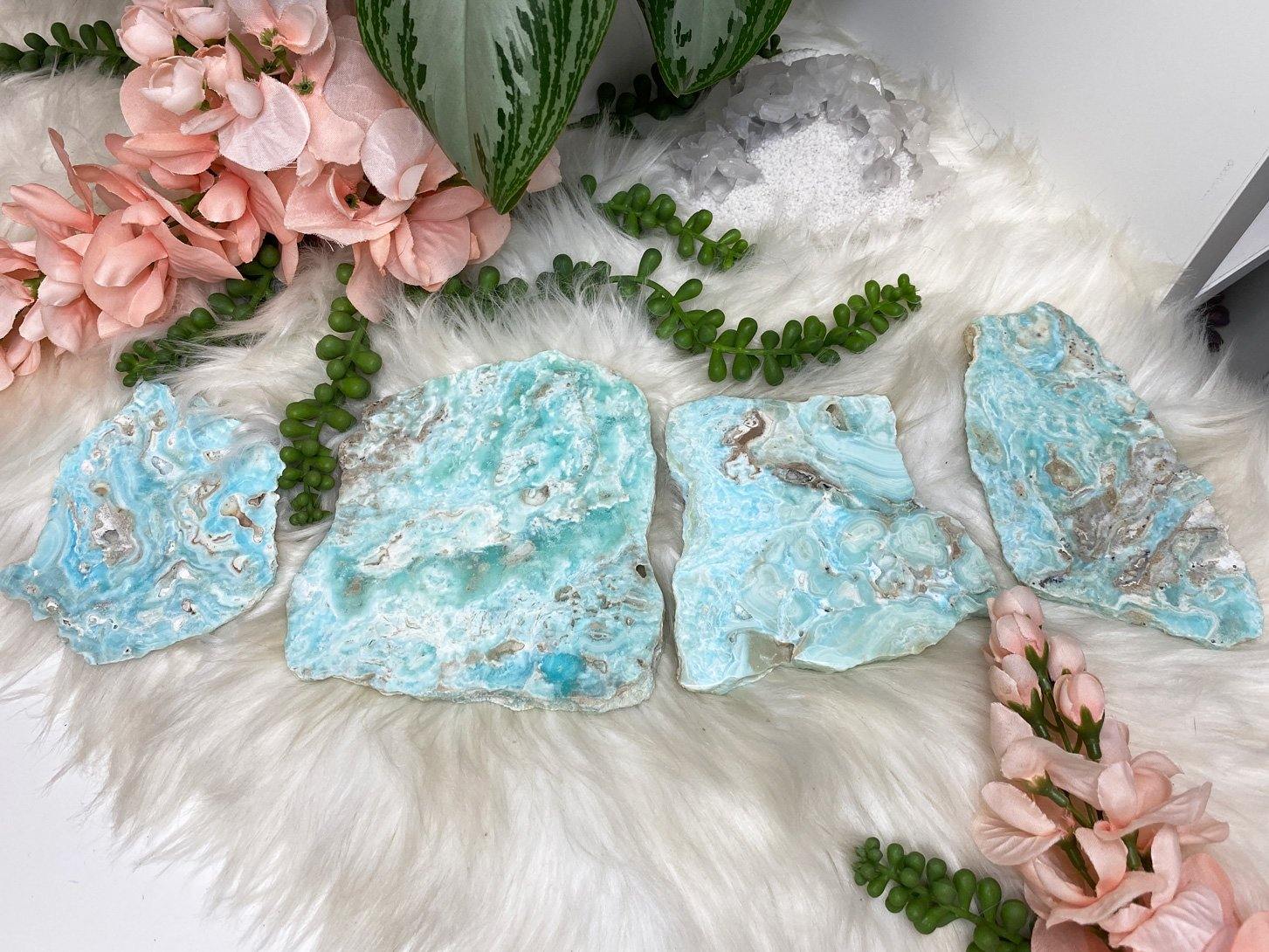 Beautiful striking teal blue aragonite crystal slices.