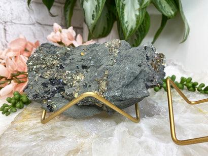    Canadian-Raw-Pyrite-on-Basalt-Crystal-in-Gold-Metal-Display-Stand