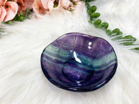 China fluorite crystal bowl purple green right