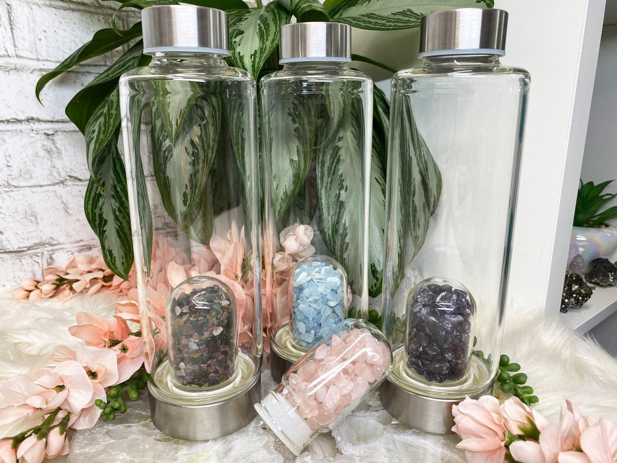 Crystal Water Bottle Rose Quartz, Aquamarine, & More