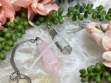 Load image into Gallery: Contempo Crystals - Simple and beautiful crystal point vial necklaces that you can add essential oils to.  Available in both Rose Quartz and Clear Quartz.  - Image 6