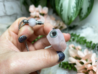 Simple and beautiful crystal point vial necklaces that you can add essential oils to.  Available in both Rose Quartz and Clear Quartz. 