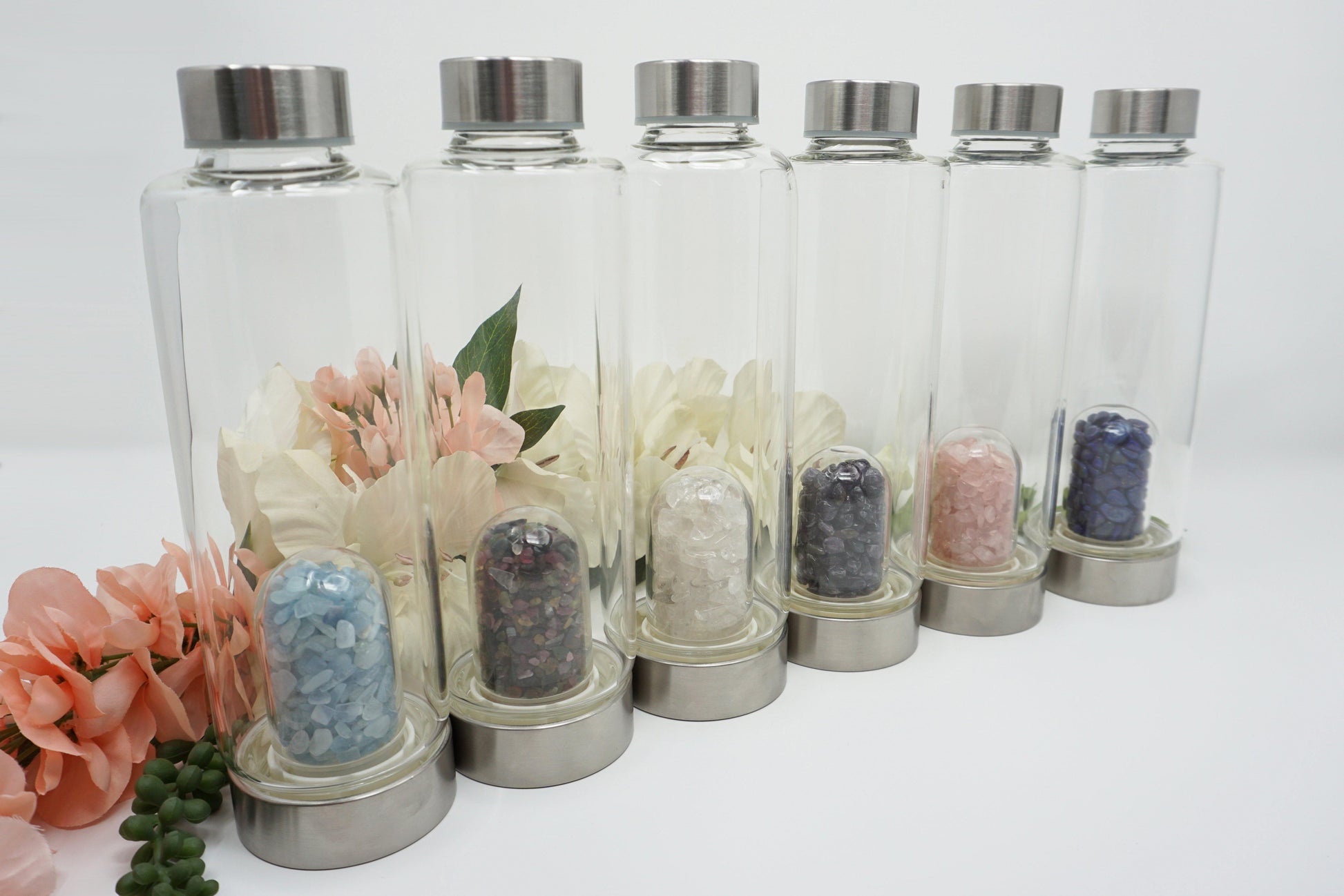 Gemstone Glass Water Bottle. With crystal glass inserts! Rose quartz, aquamarine, lapis lazuli, multi-color tourmaline, clear quartz and amethyst variants.