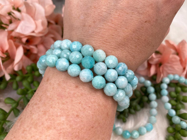 Dainty Faceted Amazonite, hot Aquamarine and Opal Beaded Bracelets