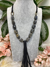 Load image into Gallery: Contempo Crystals - Faceted-Labradorite-Beaded-Black-Vegan-Leather-Braided-Tassel-Necklace - Image 6