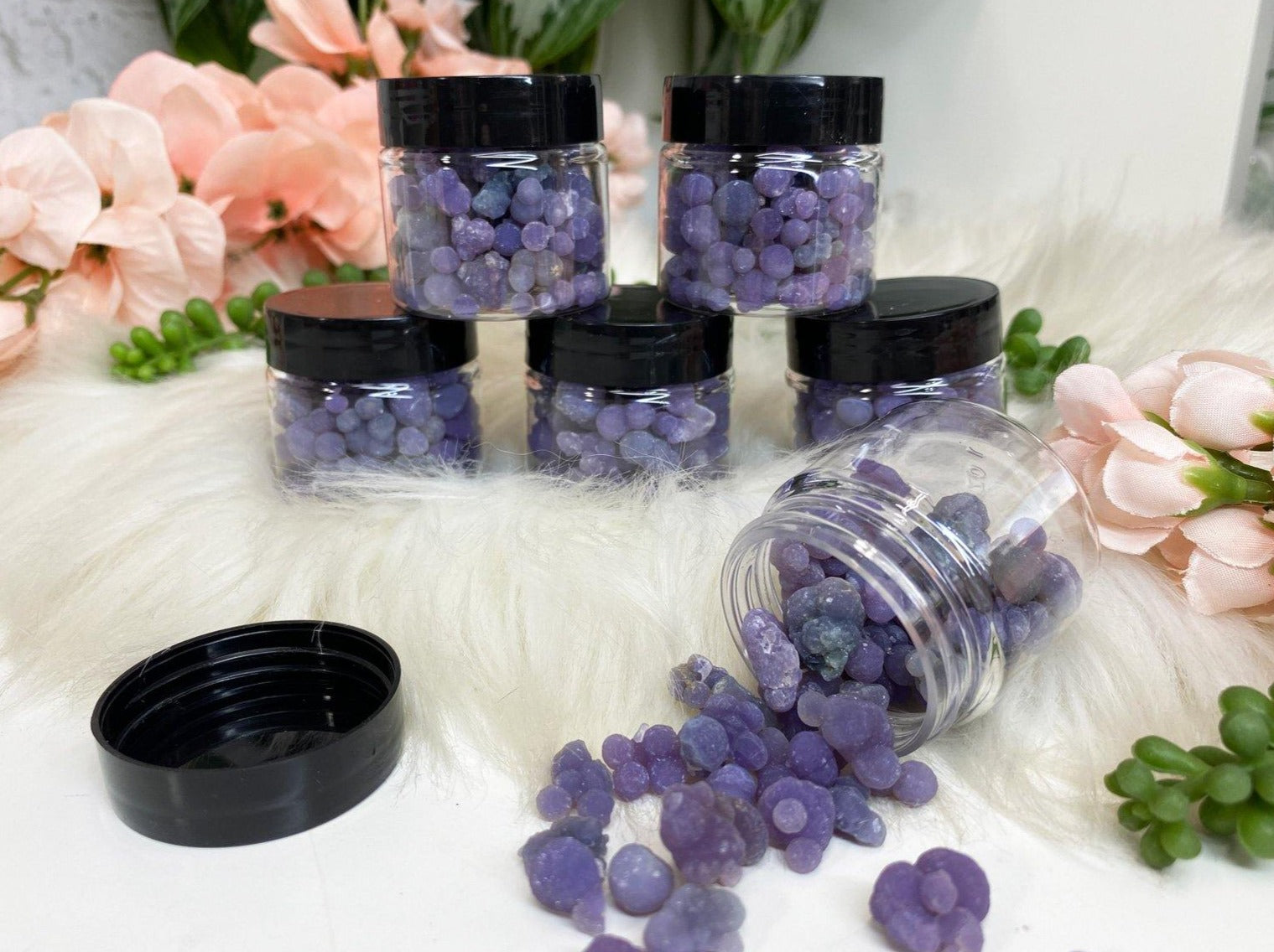 Grape agate jars with small purple chalcedony grape agate crystal balls