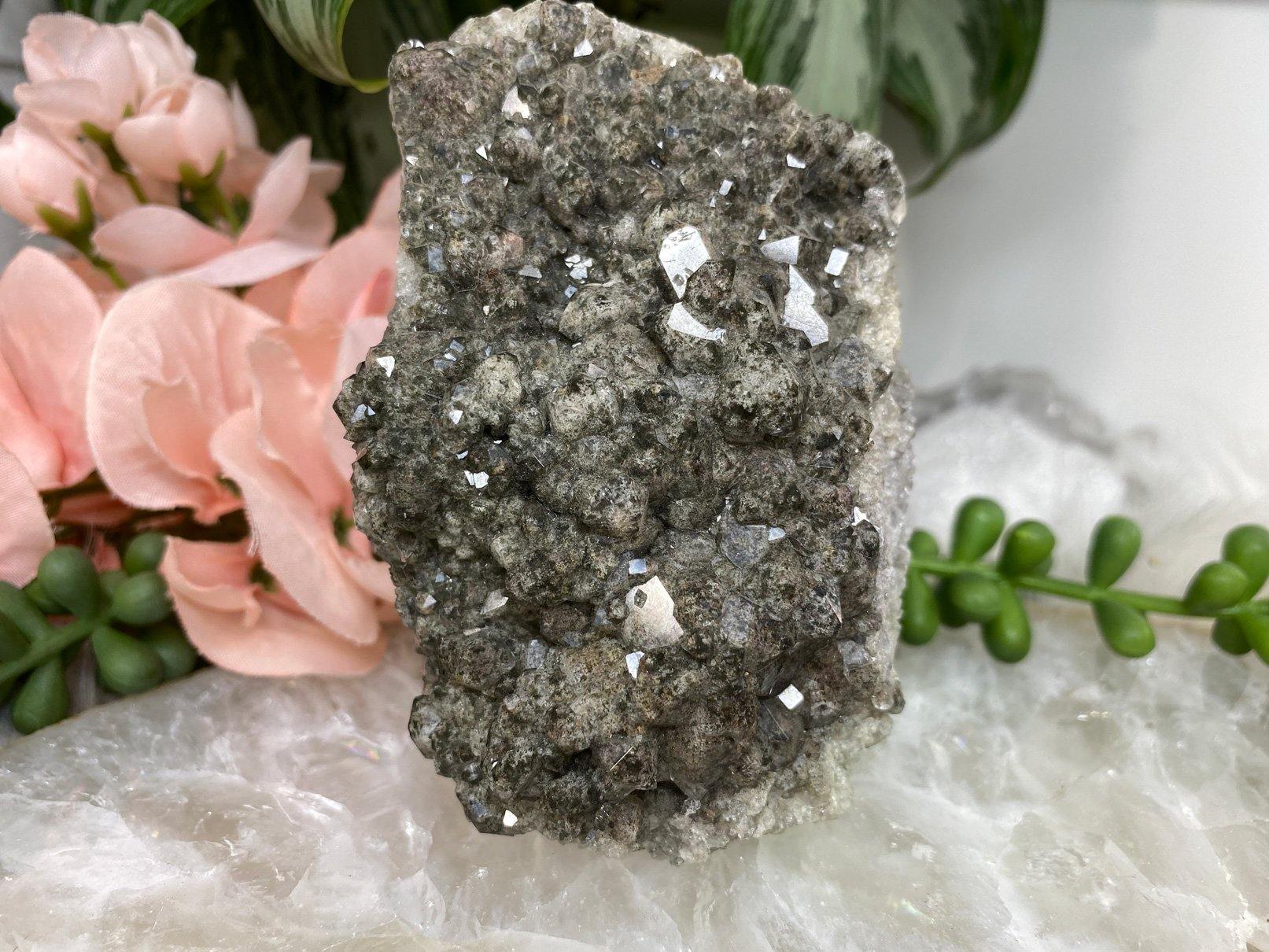 Gray lodolite garden quartz crystal cluster