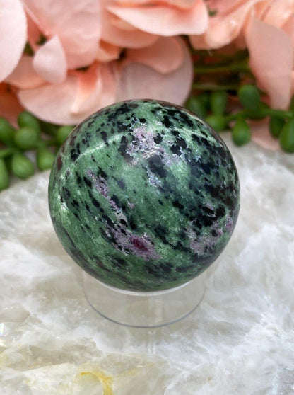    Green-Black-Red-Ruby-Zoisite-Crystal-Sphere-for-Sale