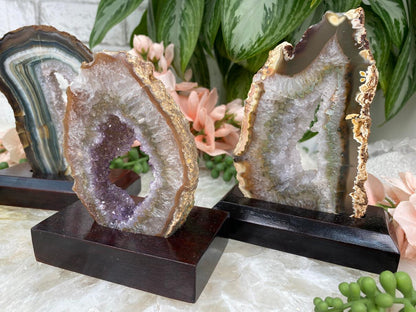 Green-Edge-Agate-Slices-on-Wood-Stands