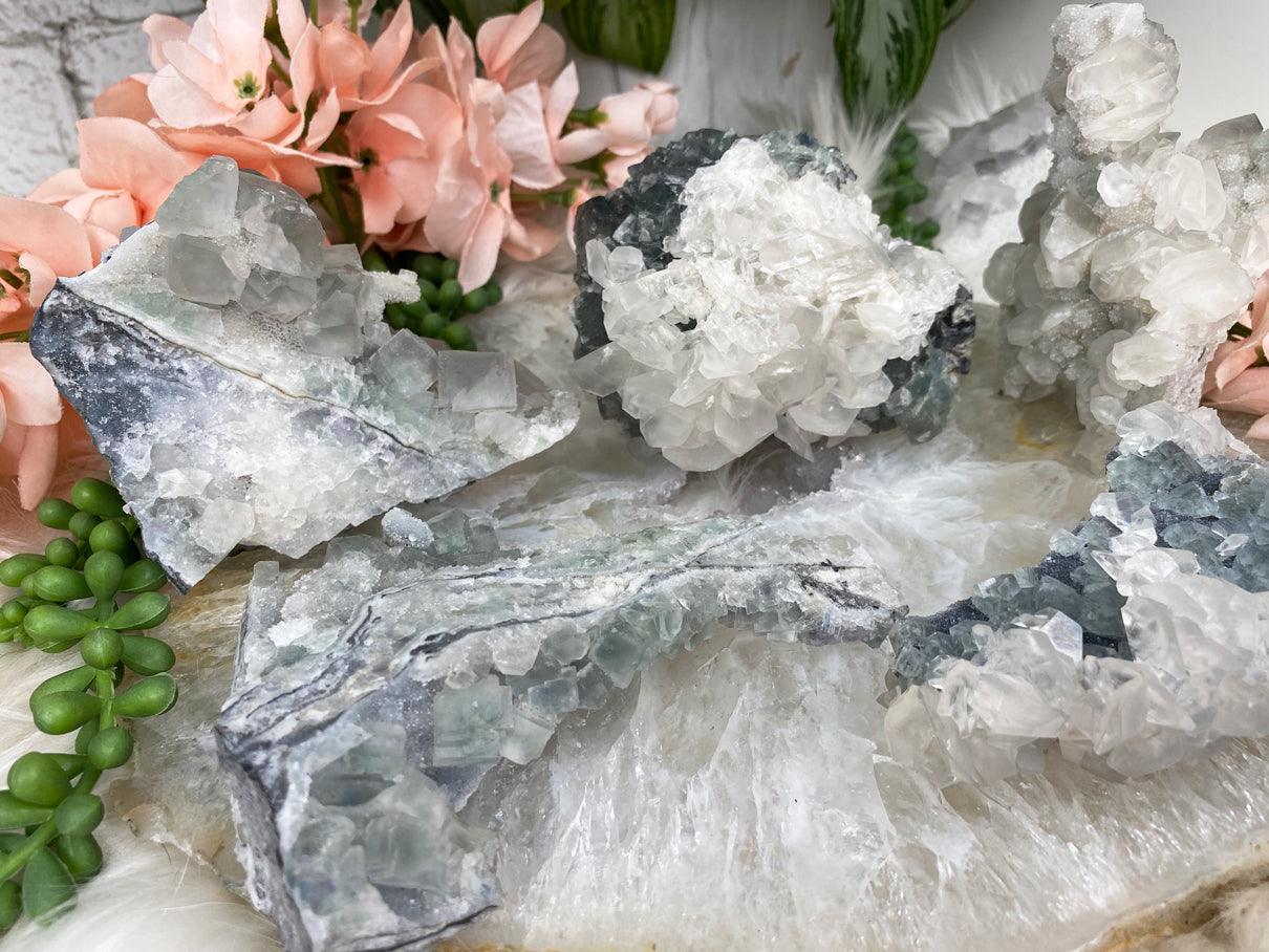 Green-Fluorite-on-Gray-Calcite-from-China