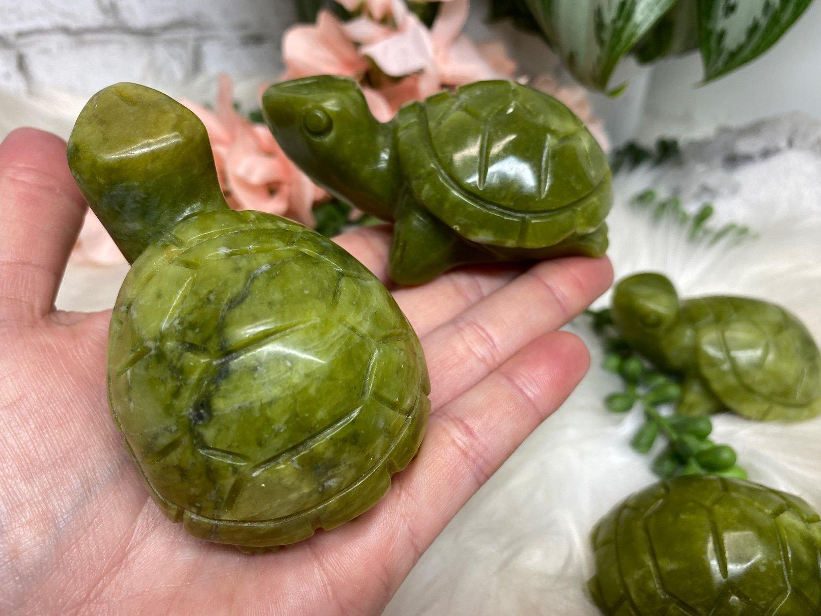 Green serpentine crystal turtle carving from Peru