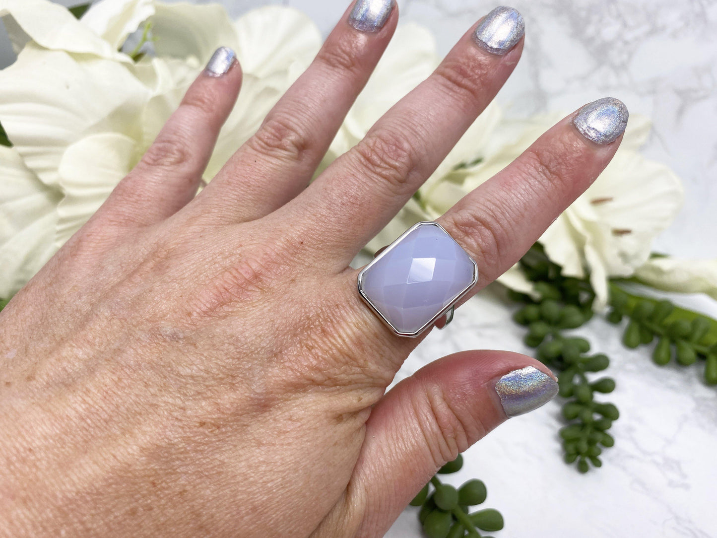Faceted Blue Chalcedony Crystal Ring