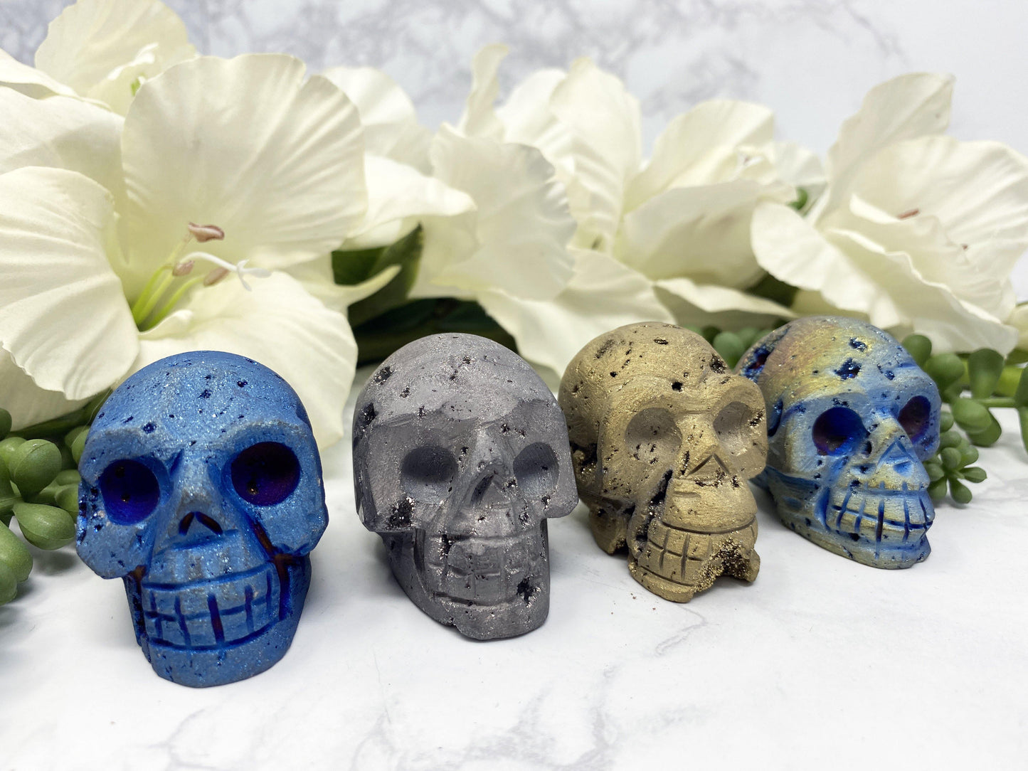 Aura Druzy Crystal Skulls from Contempo Crystals online crystal store.