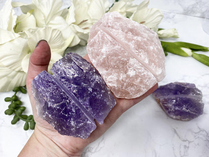 Raw Rose Quartz and Amethyst Crystal Business Card and Crystal Slice Holders from Contempo Crystals