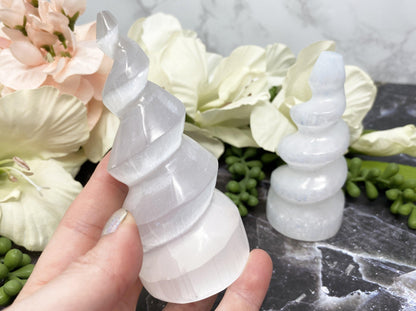 Adorable selenite spiral crystal points in three sizes