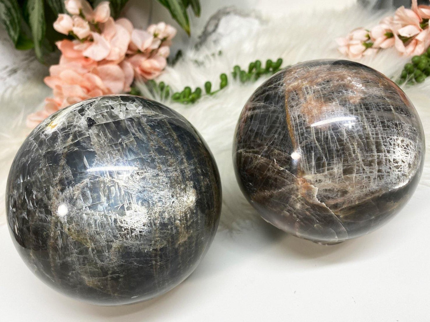 Large black moonstone flash crystal spheres