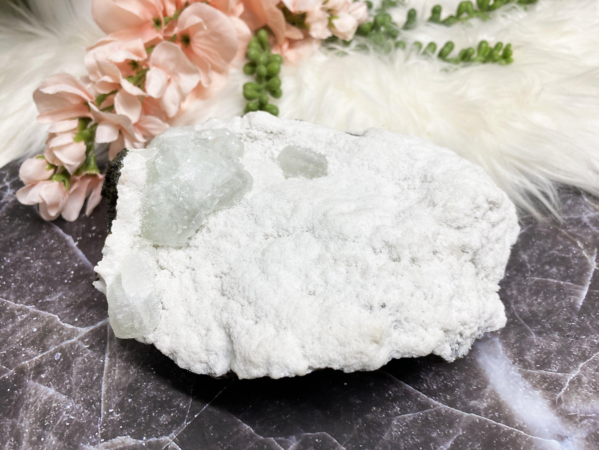 Adorable large white chalcedony & light green apophyllite crystal cluster.