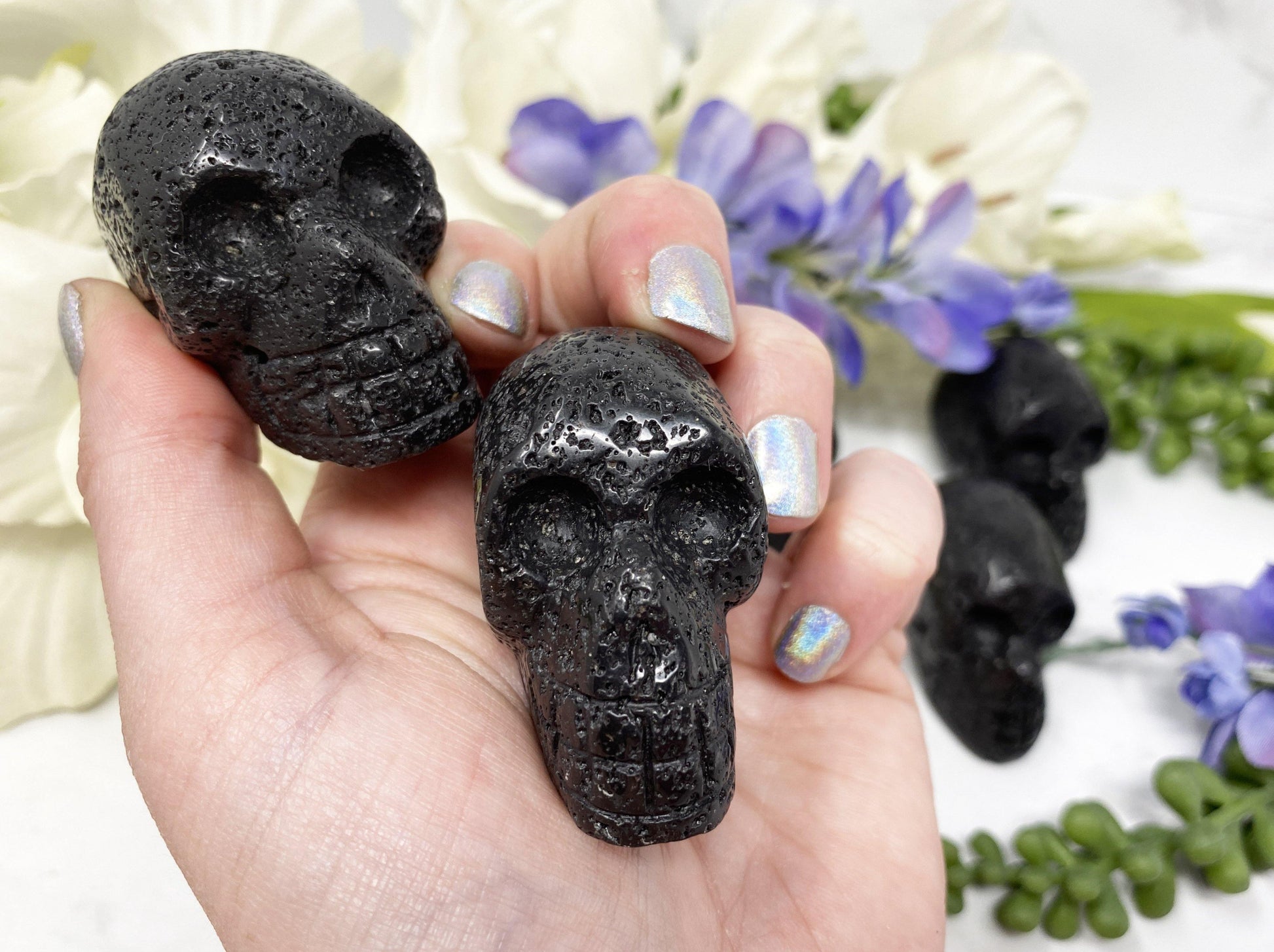 2" Lava stone crystal skulls.  Great for essential oil diffusing.