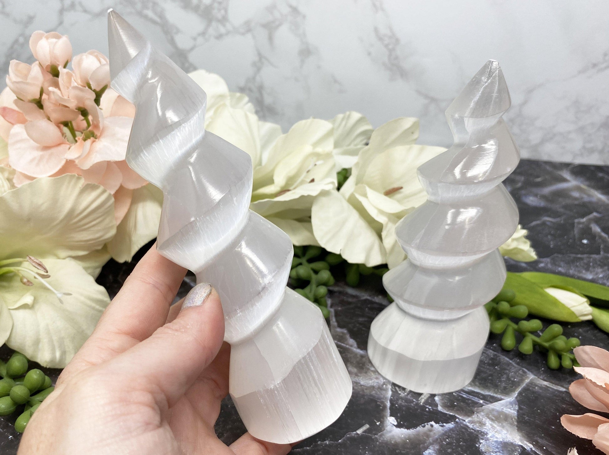 Adorable selenite spiral crystal points in three sizes