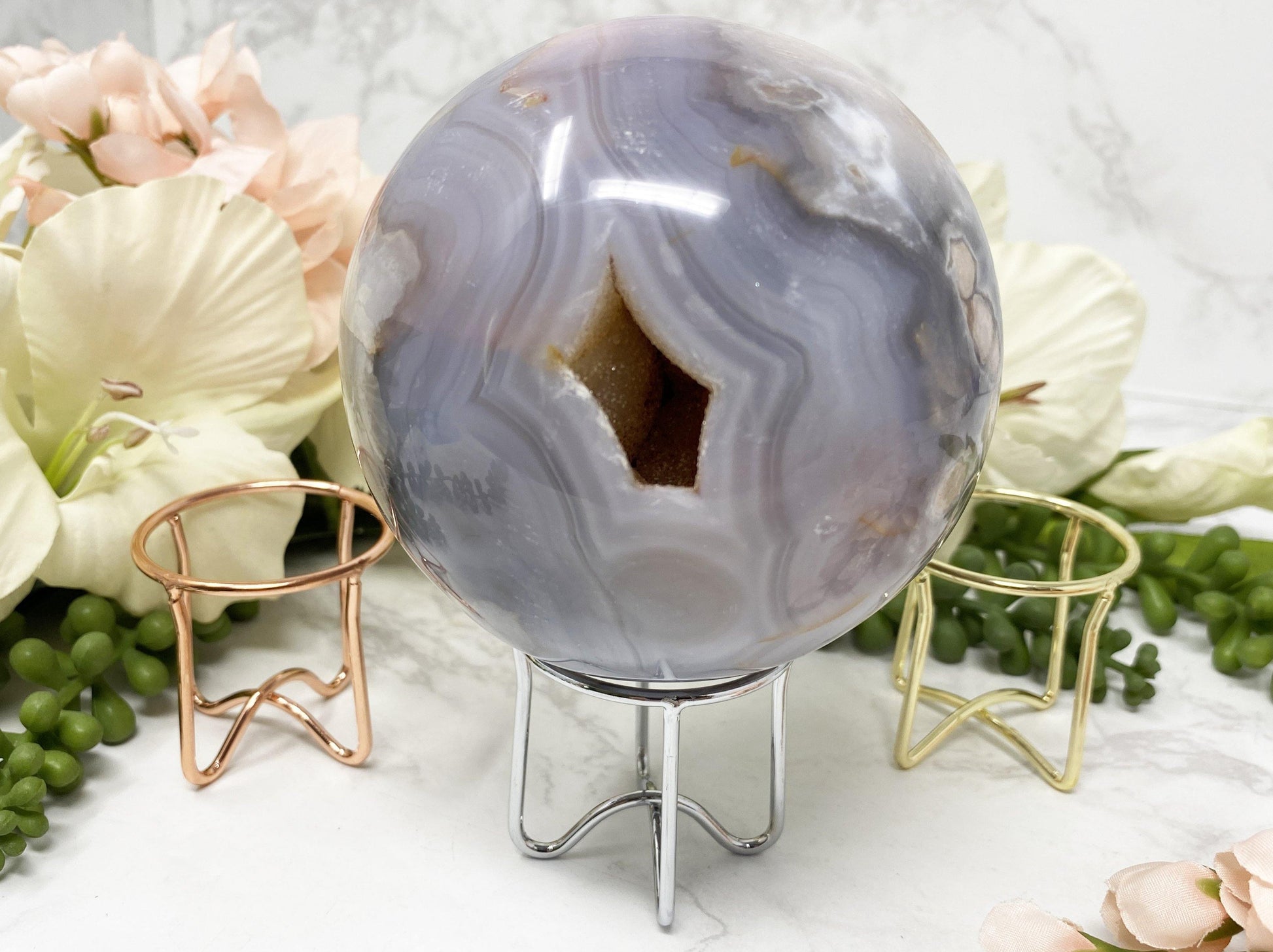 Blue Flower Agate Crystal Sphere in Metal Stand