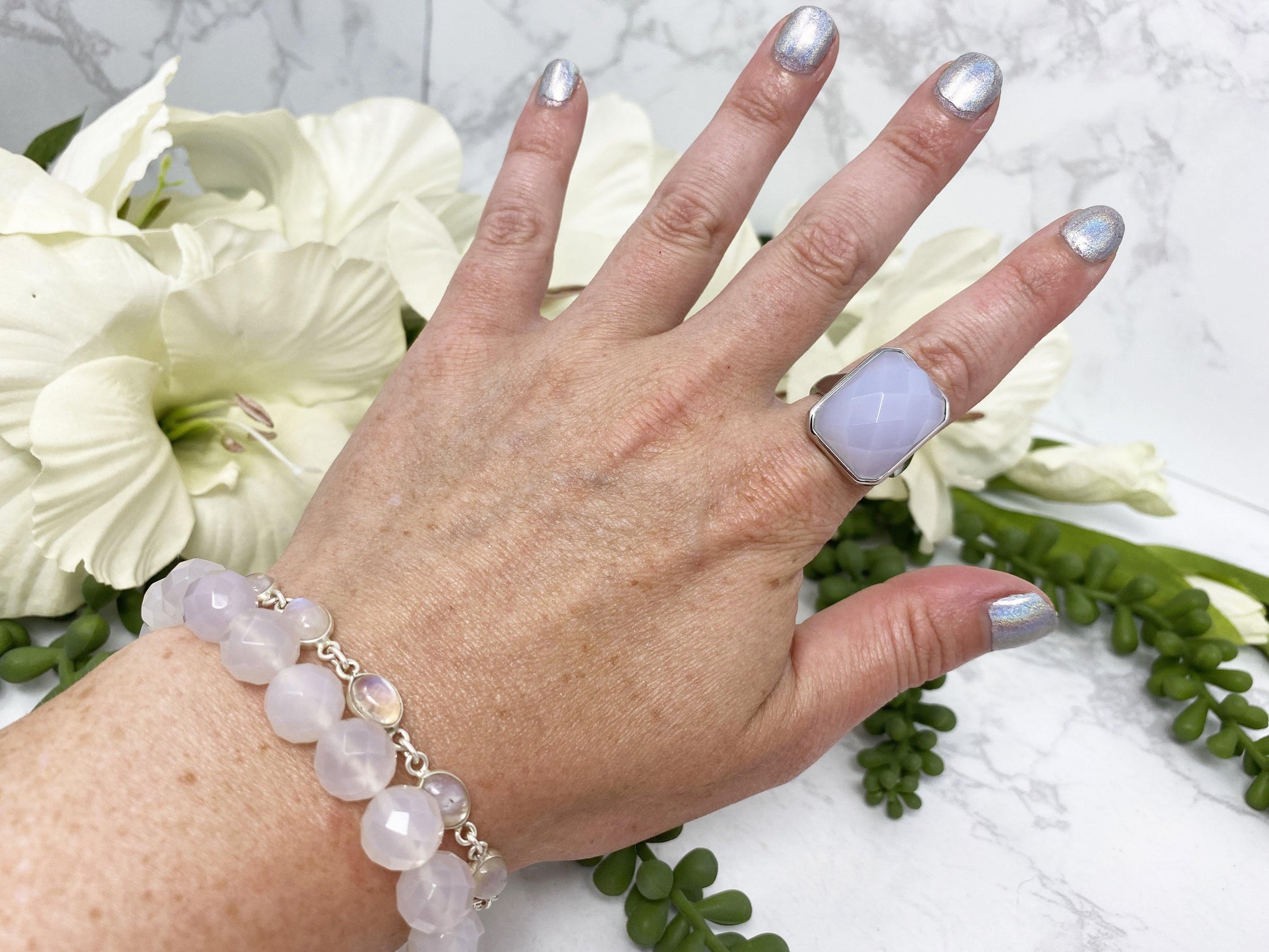 Adjustable Blue Chalcedony Crystal Ring. Faceted Rectangle Shape.