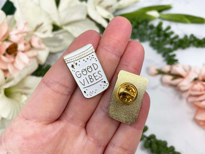 White and Gold Good Vibes Jar Enamel Lapel Pin Set with Back